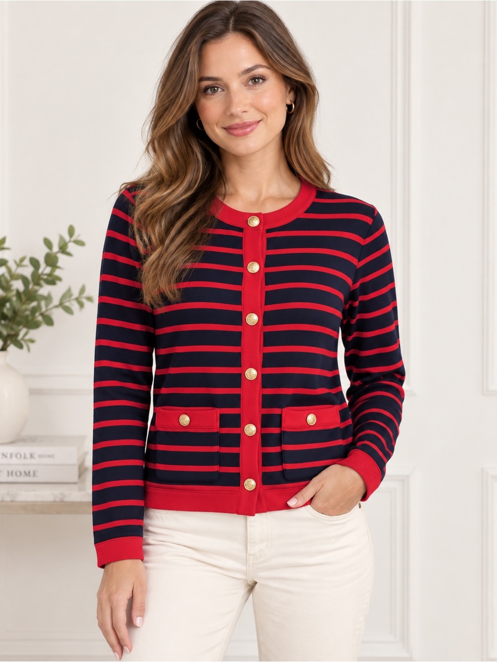 Talbots Red & Navy Striped Button-Front Cardigan